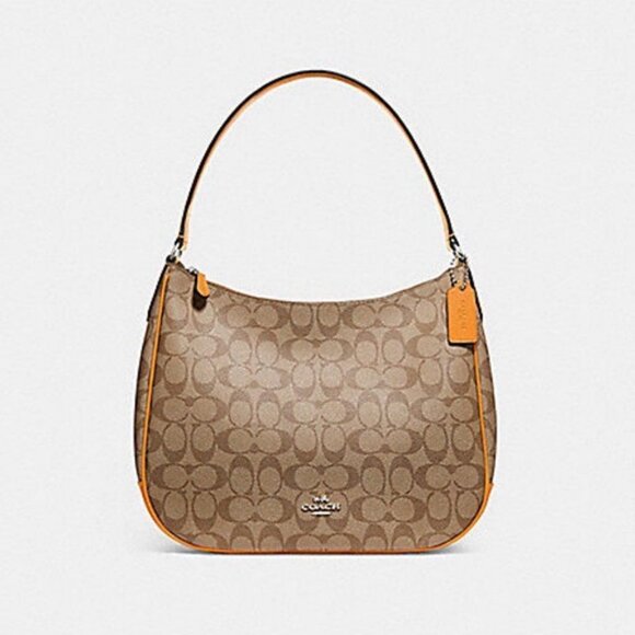 NWT Coach Signature Coated Canvas Hobo Handbag Khaki/Tangerine - Picture 1 of 10